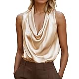 KBOPLEMQ Satin Tank Top Damen Elegante Einfarbig Tanktops Casual Wasserfallkragen Trägershirts Locker Unterhemd Weich Ärmellos Tshirt Dünne Bluse Sportshirt Bequem Sommer Weste Frauen Homewear