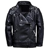 LAUSONS Kinderkragen Motorrad Lederimitat Mantel Jungen Kunstleder Jacke Bikerjacke mit Nieten Schwarz DE 152-158(Herstellergröße 150)