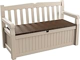 Keter Sitzbank Eden für Balkon und Garten, Gartenbank mit integrierter Kissenbox mit 265 l Stauraum, 140x60x84cm, wetterfest, pflegeleicht, beige, Outdoor, Holzoptik