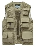Vanchenl Herren Freizeit Safari Angeln Outdoor Arbeit Weste Jacke Foto Reise Cargo Mesh Weste Multi Taschen Khaki M