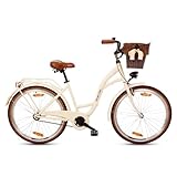 Goetze Style 26 Zoll Damen Citybike, 17 Zoll Tiefeinsteiger Rahmen, 1-Gang Rücktrittbremse, V-Bremse vorne, LED-Beleuchtung, Gepäckträger, Rattankorb, Komfortsattel, mit Ständer & Klingel