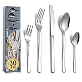 BEWOS Besteckset für 6 Personen, 30-teiliges Besteckset aus Edelstahl, Besteckset aus Silber, inklusive Messer, Gabeln und Löffel, hochglanzpoliert und spülmaschinenfest
