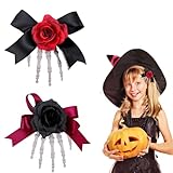 2 Stück Halloween Haarspangen Kinder, Gothic Krallen Schädel Hand Alligator Haarspangen mit Rose, für Festival Halloween Maskerade Party (Rote, Schwarze)