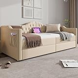 hrijusdif Polsterbett Daybett Schlafsofa Stauraumbetten Bettgestell mit USB Type C Ladefunktion und 2 Schubladen 90x200cm Samt in Beige Samt(Ohne Matratze)
