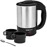 Clatronic WKR 3624 Reise-Wasserkocher, Füllmenge bis zu 0.5 Liter, Ideal für die Reise, Camping und unterwegs, inkl. 2 Tassen à 170 ml, Transport / Reisebeutel und Kaffeelöffel, Edelstahl/Schwarz