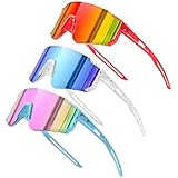 Fahrradbrille Kinder, 3 Stück Sportbrille Kinder UV400-Schutz Polarisierte Fahrradbrille Winddicht für Jungen Mädchen Outdooraktivitäten Radfahren Fahren Laufen Golf Laufbrille (Weiß + Blau + Rot)