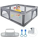 Soontrans Laufstall Baby, 150 x 180 x 68 cm Laufgitter Baby, Laufstall mit atmungsaktivem Netz, Rutschfester Basis, Zugringen, Sicherheitsspielplatz Schutzgitter für Kinder, Oxford Gewebe(grau)
