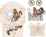 Dncvb 12 Pferde Einladungskarten Kindergeburtstag inklusive 12 Umschlägen und 12 Aufklebern, Geburtstagseinladungen Mädchen, Pferde Party Einladung für Mädchen und Jungen