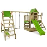 FATMOOSE Spielturm Klettergerüst JazzyJungle Jam XXL mit SurfSwing, Schaukel & apfelgrüner Rutsche, Outdoor Kinder Kletterturm mit Sandkasten Leiter & Spiel-Zubehör für den Garten