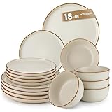 Geschirrset 6 Personen, vancasso RENO 18-teiliges Steingut Geschirr Set, Tafelservice Modern, Speiseteller, Dessertteller, Müslischalen, Kratzfest, Spülmaschinenfest & Mikrowellengeeignet, Beige