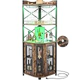 iSunirm Eck-Barschrank mit Steckdose, industrieller Weinschrank mit LED-Streifen und Glashalter, 5-stöckiges Spirituosenregal für Zuhause, Eckvitrine für kleine Räume, Braun