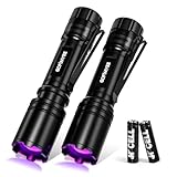 Gofimyee UV Taschenlampe Schwarzlichtlampe, 2 Stück Mini UV lampe mit Einstellbarem Fokus, 395nm Ultraviolett Lampe für Geocaching, Heimtierurindetektoren, Bernsteinsuche usw, Inklusive 2 AA Batterien