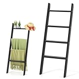 LIFEZEAL 4 Stufiges Leiterregal, Handtuchleiter Kleiderleiter aus Holz, Handtuchhalter Handtuchständer freistehend, Wäscheleiter Stehend für Wohnzimmer, Badezimmer (Schwarz)