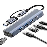 Oliveria USB Type-C auf Ethernet Adapter, Gigabit RJ45 LAN 1000 Mbit/s Netzwerkadapter mit 3 *USB 3.0 & USB Type-C Ports, USB-C auf Ethernet Adapter für Windows XP/MAC/Linux/Chromebook, Plug and Play