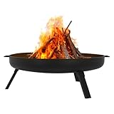 ECD Germany Feuerschale Ø70 x 27 cm mit 3 klappbaren Füßen, Dreibein Feuerstelle für den Garten, Stahl Feuerkorb rund mit 2 Griffen & 2 Entwässerungslöcher, Outdoor Eisenschale Feuertonne BBQ Camping