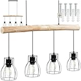 tectake® Pendelleuchte, Lampe hängend 4-flammig, Deckenlampe schwarz mit Holzbalken, Industrial Style Wohnzimmer, Esszimmer Lampe, Wohnzimmerlampe, Lampe Flur, Hängelampe Esstisch