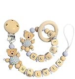 2er Set personalisierte gestaltetes Babygeschenk mit Namen für Junge Baby Geschenk personalisiert zur Geburt & Taufe Häkelperlen (Blau Teddy)