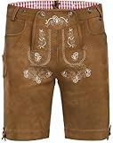 AMZHOTER Lederhose Herren Tracht Oktoberfest Trachtenhose Trachtenlederhosen Kurz Lederhosen Mann Braun bayrische Trachten Hose Trachtenmode mit Hosenträger Hellbraun 52