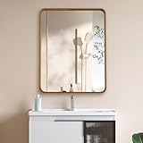 miroro Wandspiegel mit Holzmaserung, 61 x 76 cm, mit Metallrahmen, groß, abgerundet, rechteckig, rostfrei, gehärtetes Glas, kann horizontal oder vertikal aufgehängt werden