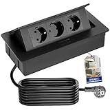 STOLMET Versenkbare Tischsteckdose Schuko für Arbeitsplatte (3 Steckdosen), Aluminium Schwarz-Optik, Steckdose Typ F quadratisch, Schwarz