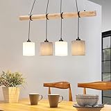 Pendelleuchte Esstisch Holz, Retro Pendellampe Wohnzimmer Hängelampe 4 Flammig Weiß/Grau Stoff Lampenschirm Esstischlampe Modern Hängeleuchte Holzbalken Höhe max 135cm, 4 x E27(ohne Leuchtmittel)