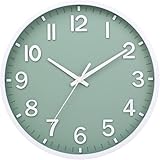 Moiubik 25 cm Lautlos Wanduhr Ohne Tickgeräusche, Moderne Batteriebetriebene Uhr für Zuhause,Wohnzimmer, Schlafzimmer, Küche,Büro, Wanddekoration (Grün Weiß,25CM)