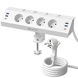 Tischsteckdose mit USB, 4 Fach Steckdosenleiste Schreibtisch mit Einzeln Schalter, 10-in-1 Ecksteckdose mit 4 USB A & 2 USB C (PD 20W) mit 2M Kabel, Überspannungsschutz Steckdose Tisch für Büro, Weiß