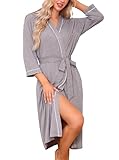 Wikoan Damen Bademantel Leichter 3/4 Ärmeln Bademantel Nachtwäsche Kimono Saunamantel mit Taschen V-Ausschnitt Morgenmantel für Spa Haus Pool Grau L