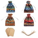 VOSSOT 24 Jutesäckchen, 10 X 14 cm Geschenksäckchen mit Kordelzug, Kleine Stoffbeutel, Ethnischer Stil Baumwolle Säckchen, Jutebeutel für Weihnachten Hochzeit Party DIY mit Anhängeetiketten und Schnur