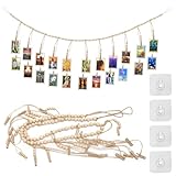 Fotoseil mit Holzklammern, Fotogirlande Boho Fotowand mit Klammern und Fotoseil, Fotos Aufhängen Ideen Fotoaufhängun mit 22 Clips, für Wand Deko, Zimmer Deko, Geburtstag Partei