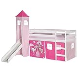 IDIMEX Hochbett mit Rutsche Benny Kinderbett Spielbett Holzbett mit Vorhang und Turm Prinzessin Motiv rosa pink, Kiefer massiv weiß lackiert, 90 x 200 cm