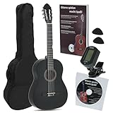 Juan Miguel Navarrez Konzertgitarre 4/4 Starter Set schwarz (Tasche, Tuner, Plektren, Buch mit CD)