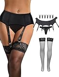 ohyeah Frauen Strumpfgürtel und Oberschenkelhöhen Set Strumpfband Dessous Set mit 6 Trägern Strumpfgürtel für Strümpfe mit Tanga, Schwarz , 42