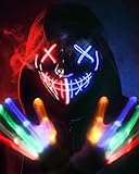 AnanBros Halloween Kostüm, Horror LED Halloween Maske Totenkopf Handschuhe Kostüm für Herren, leuchten 6 Modi LED Glühhandschuhe, LED Scream Ghostface Maske für Damen Kinder Jungen Teenager