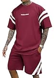 Remxi Herren Trainingsanzug Set Sommer Shorts 2 teiliges Set für Männer Gestreiftes T-Shirt Kurze Hose Jogginganzug Sportanzug Tracksuit Burgund 2XL