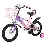 LUNICASHA Kinderfahrrad 14 Zoll mit Korb, Kinder Fahrrad im Alter von 3-6 Jahren mit Stützrädern, Fahrrad 14 Zoll für Jungen und Mädchen, Höhenverstellbares, Duales Bremssystem (Lila)