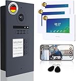 MATHFEL 2 Draht Bus IP 3 Familienhaus Video Türsprechanlage Fischaugenkamera 170 Grad, Außenstation in Aluminium, 3x7'' Monitor Weiß mit RFID Zugangskontroll