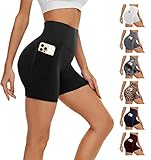 AMIYOYO Kurze Sporthose Damen mit Handytasche High Waist Radlerhose Blickdicht Sport Shorts Kurze Leggings Bauchweg Unterhosen Yoga Gym für Sommer(A-Schwarz,S-M=DE34-40)