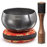 Tibetisches Klangschalen-Set – einfach zu spielen – Für ganzheitliche Heilung, Stressabbau, Meditation und Entspannung – traditionelle, polierte, matte Schale mit rotem Kissen