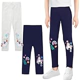 JinBei Mädchen Leggings 2er-Pack Baumwolle Lange Hosen Elastisch Atmungsaktiver Grau/Dunkelblau Sportleggins mit Stickerei Pferde Blätter-Muster Kinder Sporthose Aktivkleidung, GR. 110-116