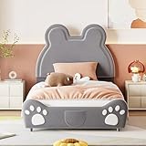 FEZTOY Bett 90x200 mit Lattenrost Kinder Mädchen Einzelbett, Kinderbett, Bärenform, Bettgestell, Jugendbett, Bett für Jungen und Mädchen, Velours, ohne Matratze