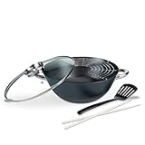 GSW 860956 GUSSEISEN PROFESSIONELL Multifunktionstopf/Wok-Set mit Glasdeckel 32cm / 5-teilig/ca. 6,2 Liter, schwarz, 32 cm, 5-Einheiten