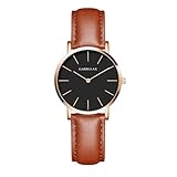 Garrulax Damen ultradünnes Gehäuse Analoge Quarzuhr Armbanduhren 36MM(Gold, Schwarze Oberfläche und braunes Leder)