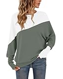 WNEEDU Langarmshirt Damen Rundhalsausschnitt Patchworkfarbe Herbst Sweatshirt Enge Manschetten Pullover Damen Olivgrün M