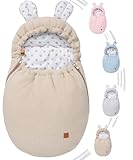 Mikos Einschlagdecke Babyschale Winter, Baby Fußsack mit Zip 100% Baumwolle GOTS Zert. Strickdecke mit Füllung Universal für Kinderwagen Kindersitz Buggys Frühling Maxi Cosi 3 Punkt Gurt (50) (Beige)