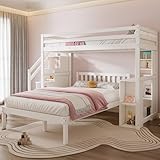 hrijusdif Etagenbett mit seitlichen Ablagen, 90 * 200cm+120 * 200cm, Multifunktionales Kinderbett, Kinder-Etagenbett, Mit Stautreppe, Großer Stauraum, Ohne Matratze, Kiefer + MDF, Weiß