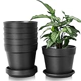 Solvant 6 Stück Kunststoff Blumentopf,Blumentopf mit Untersetzer, 16cm Pflanzentopf Mit Mehreren DrainagelöChern, Runde TöPfe FüR Drinnen Und Auf Dem Balkon, Saftige Kakteen(Schwarz, 16CM)