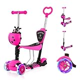 YOLEO 5-in-1 Kinder Roller Scooter mit Abnehmbarer Karikaturkorb Sitz Schubstange LED Große Räder Bequeme Rückenlehne Höheverstellbare Lenker für Kleinkinder Jungen Mädchen ab 2 Jahre (Rosa)