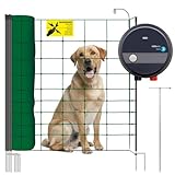 VOSS.PET Hundezaun Set, 50m Elektrozaun Weidezaun Elektronetz Hunde-Set mobil, Einzäunung im Garten, Weidezaungerät fenci M09, 108cm 14 Pfähle 2 Spitzen grün