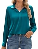 Zeagoo Longbluse Damen Satin Seide Bluse V-Ausschnitt Tunika Elegant Langarm Blusen Festliche Oberteile Casual Langarmshirt 38 M